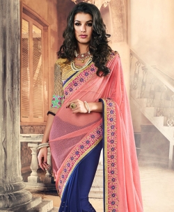 Pink And Blue Lycra Net, Georgette Embroidered Half And Half Sarees