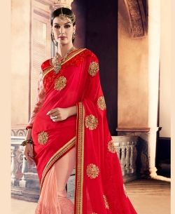 Red And Peach Georgette Embroidered Half And Half Sarees