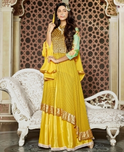 Yellow Georgette Digital Printed Long Choli Lehengas