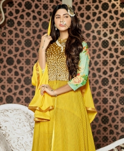 Yellow Georgette Digital Printed Long Choli Lehengas