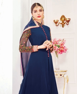 Navy Blue Georgette Embroidered Long Choli Lehengas