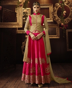 Hot Pink And BurlyWood Net Embroidered Long Choli Lehengas