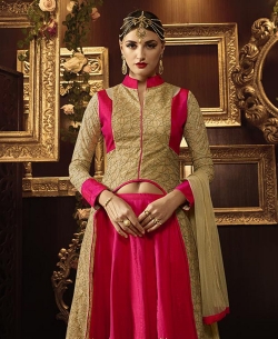 Hot Pink And BurlyWood Net Embroidered Long Choli Lehengas