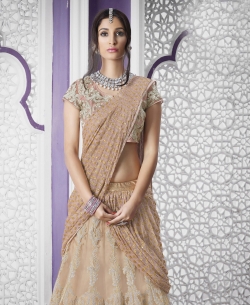 Beige Art Silk, Net Embroidered Lehenga Sarees