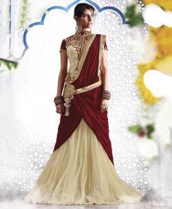 Cream And Maroon Net, Lycra Applique Lehenga Sarees
