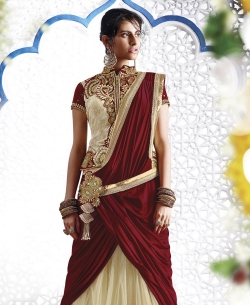 Cream And Maroon Net, Lycra Applique Lehenga Sarees