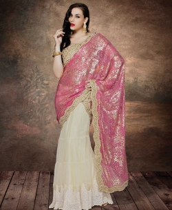 Off White And Pink Net, Lycra Stones, Crystals Lehenga Sarees