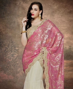Off White And Pink Net, Lycra Stones, Crystals Lehenga Sarees