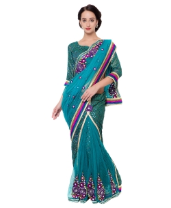 Teal Blue Net, Brasso Embroidered Lehenga Sarees