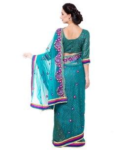 Teal Blue Net, Brasso Embroidered Lehenga Sarees