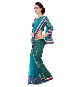 Teal Blue Net, Brasso Embroidered Lehenga Sarees