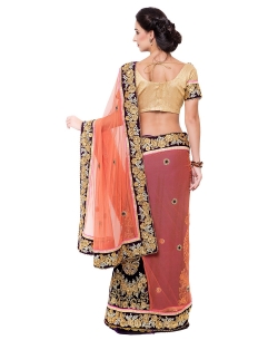 Orange And Purple Velvet, Net Embroidered Lehenga Sarees
