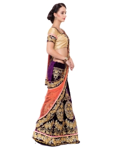 Orange And Purple Velvet, Net Embroidered Lehenga Sarees