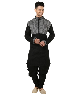 Grey And Black Art Silk Zari Style Kurta Pajama