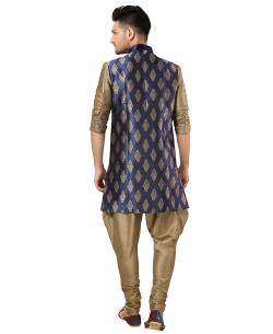 Tan Brown And NavyBlue Art Silk, Brocade Jacquard Style Kurta Pajama