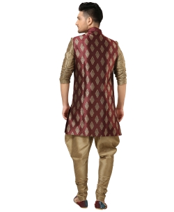 Tan Brown And Wine Art Silk, Brocade Jacquard Style Kurta Pajama
