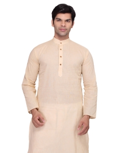 Beige Cotton Solid Kurta Pajama