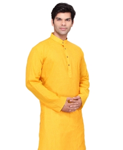 Yellow Cotton Solid Kurta Pajama