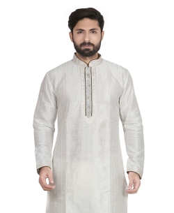 White Dupion Silk Solid Kurta Pajama