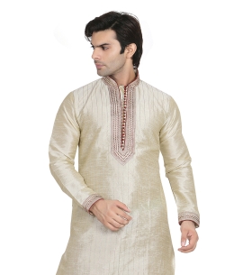 Off White Dupion Silk Solid Kurta Pajama