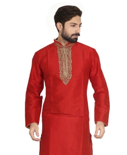 Red Dupion Silk Solid Kurta Pajama