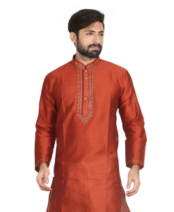 Brick Red Dupion Silk Solid Kurta Pajama