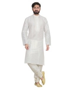 White Dupion Silk Solid Kurta Pajama