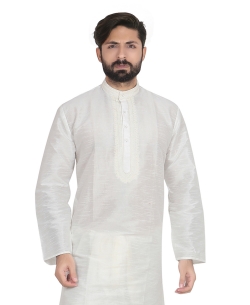 White Dupion Silk Solid Kurta Pajama