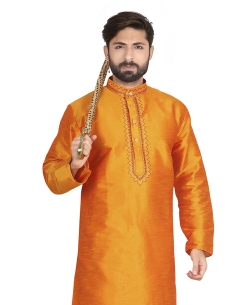 Mustard Dupion Silk Solid Kurta Pajama