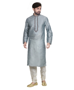 Light Grey Dupion Silk Solid Kurta Pajama