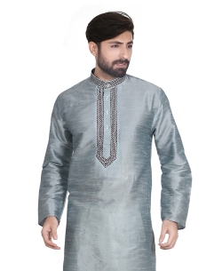 Light Grey Dupion Silk Solid Kurta Pajama