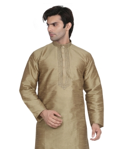 Tan Brown Dupion Silk Solid Kurta Pajama