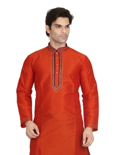 Rust Dupion Silk Solid Kurta Pajama