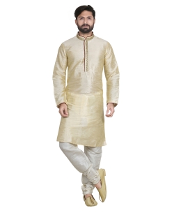 Cream Dupion Silk Solid Kurta Pajama