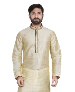 Cream Dupion Silk Solid Kurta Pajama