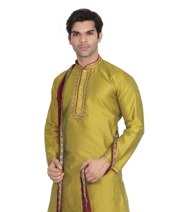 Olive Dupion Silk Solid Kurta Pajama