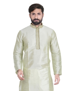 Off White Dupion Silk Solid Kurta Pajama