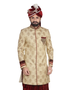 Beige Brocade Jacquard Style Sherwani
