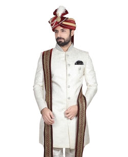 White Brocade Jacquard Style Sherwani