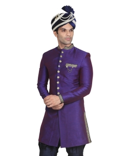 Purple Dupion Silk Solid Sherwani