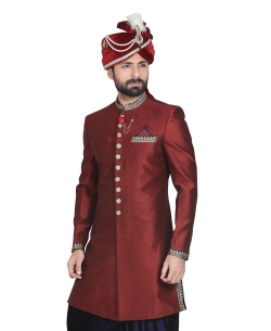 Maroon Dupion Silk Solid Sherwani