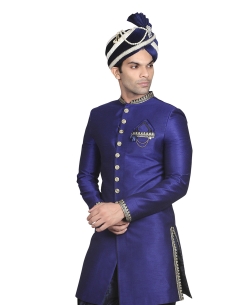 Blue Dupion Silk Solid Sherwani