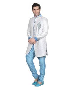 White Fancy Fabric Stones, Crystals Sherwani