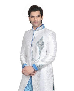 White Fancy Fabric Stones, Crystals Sherwani