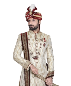 Beige Brocade Jacquard Style Sherwani