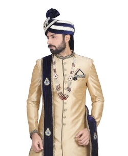 Beige Dupion Silk Solid Sherwani