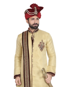 Beige Silk Stones, Crystals Sherwani