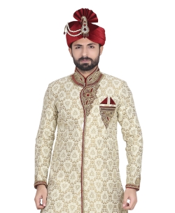 Beige Brocade Stones, Crystals Sherwani