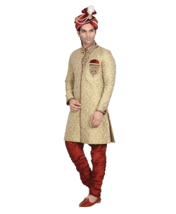 Beige Silk Stones, Crystals Sherwani