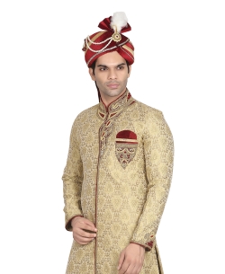 Beige Silk Stones, Crystals Sherwani